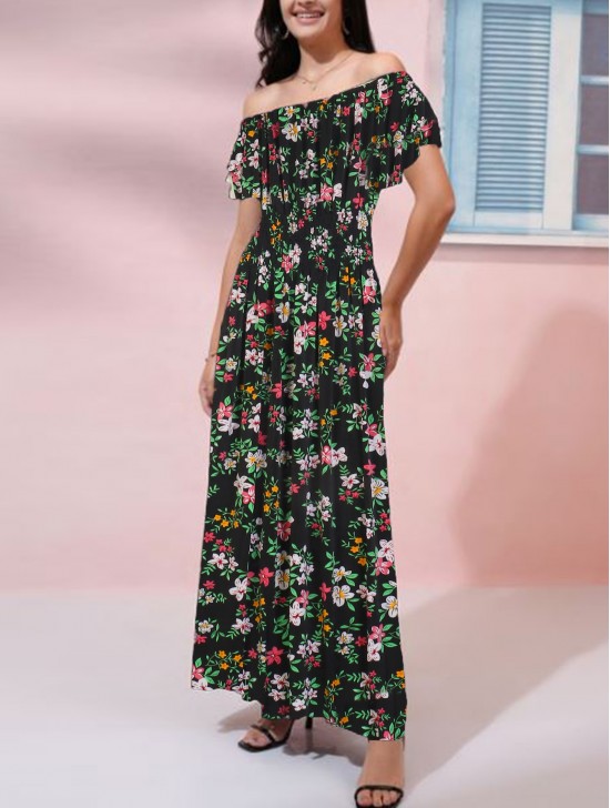 Off-The-Shoulder Floral Print Midi Dress